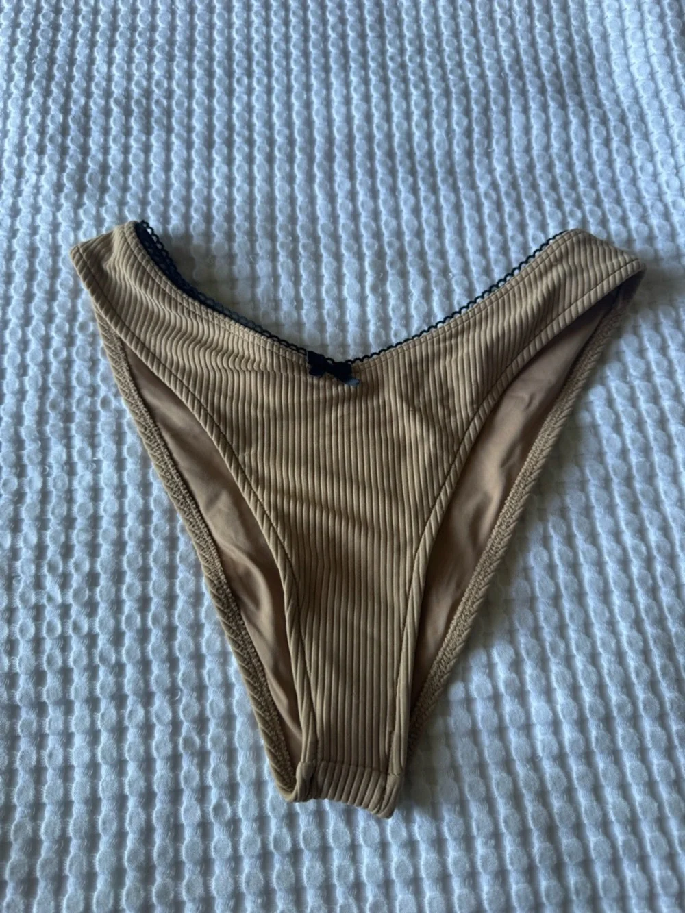 Frankie's Bikinis Tan Ribbed High-Cut Bottom with Black Trim